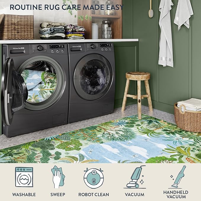 Lahome Summer Jungle Washable Rugs 9x12 Large Living Room Rug Green Forest Bedroom Carpet, Soft Dining Room Carpet for Under Table Non Slip Non Shedding Floor Mat for Classroom Office Room Decor