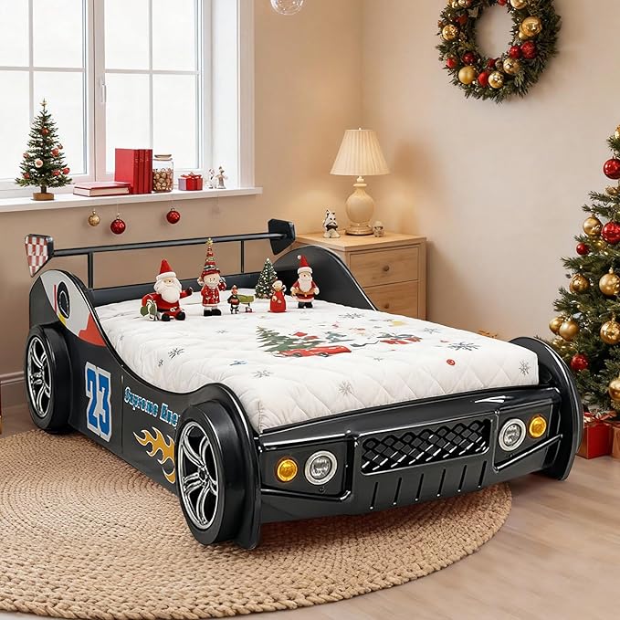 Race Car Twin Bed Frames for Kids, Wood Car-Shaped Bed Frame with Wheels LED Lights & Slat Support for Toddler, Teens, Boys or Girls (Race Car-Black)