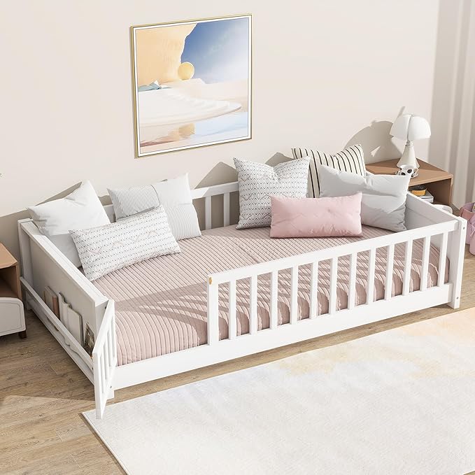 Floor Bed with Rails and Door Twin Size, Wood Montessori Floor Bed with Storage Bookcase, Kids Bed Frame with Fence for Boys Girls, White