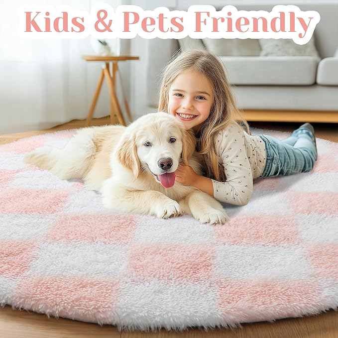 KICMOR Pink Round Rugs 5ft for Girls Bedroom, Fluffy Soft Checkered Circle Area Rug Cute Fuzzy Shag Shaggy Living Room Carpet, Indoor Plush Circular Rug for Kids Room Nursery Home Decor Aesthetic