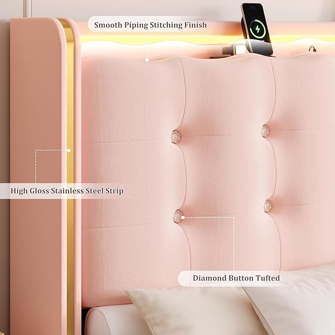 HITHOS Upholstered Full Led Bed Frame with Charging Station and Storage Drawers, Velvet Princess Platform Bed Frames with Crystal-Button Tufted Headboard for Girls and Kids, No Box Spring Need, Pink