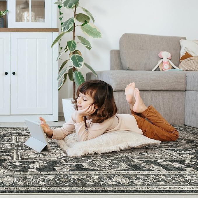 WITSHOCK Living Room Area Rugs 4x6: Washable Rug Boho Soft Non-Slip Low Pile Stain Resistant Foldable Carpet for Bedroom Playroom Dining Room Office Kitchen Farmhouse Home Decor Rug-Bitter Black