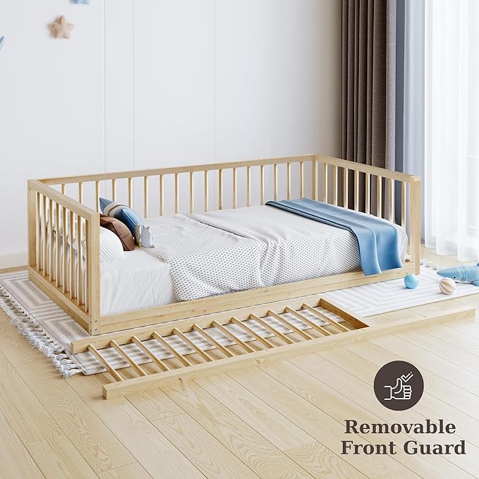 Montessori Slatted Floor Bed for Boys and Girls | Slatted Bed with Natural Solid Pine Frame | Sturdy Designed Floor Bed for Children (Full)