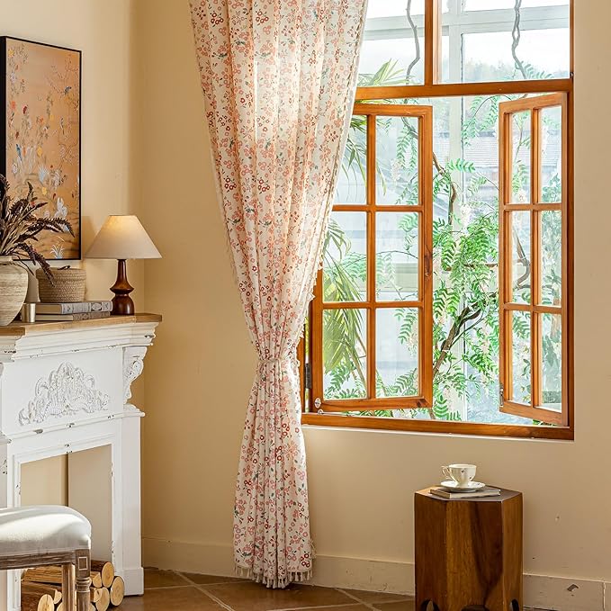 OYX Pink Boho Farmhouse Floral Curtains 96 Inch Long 2 Panels For Living Room, Flower Girl Bedroom Light Filtering Drapes, Vintage Country French Patterned Rod Pocket Aesthetic Decor Window Treatments
