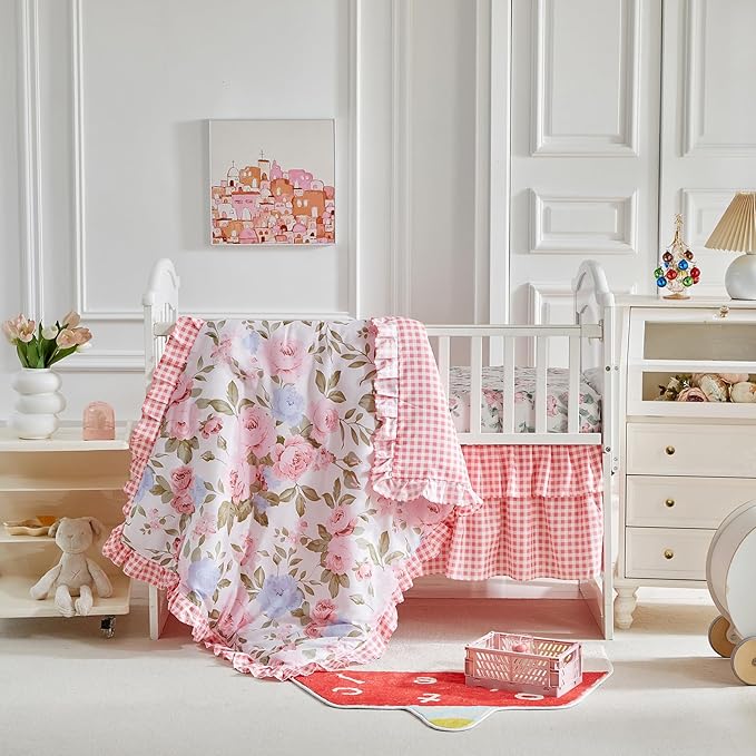 3 Pieces Pink Blue Rose Flowers Mini Crib Bedding Set Baby Ruffled Quilted Comforter with Fitted Sheet and Bed Skirt - Cute Ruffled Shabby Chic Baby Girls Bedding Soft Blanket Floral Design