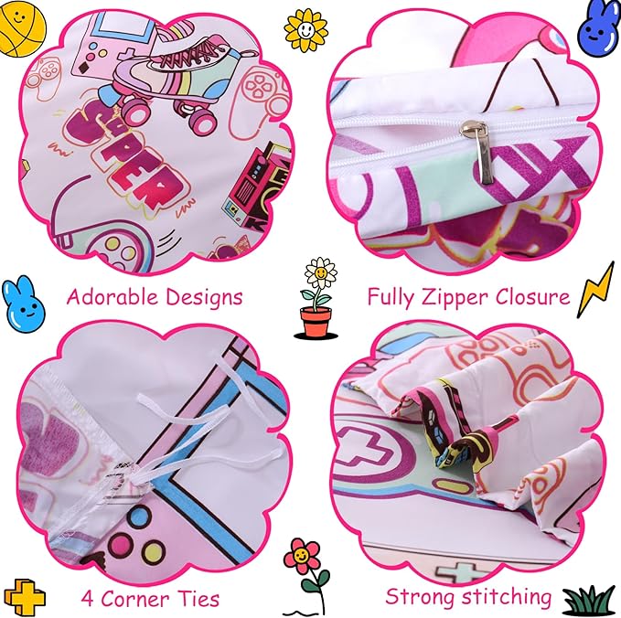 JSD Pink Gamer Kids Duvet Cover Set Queen Size, 3 Piece Teens Printed Microfiber Comforter Cover with Pillow Sham Zipper Closure, Comforter Not Included