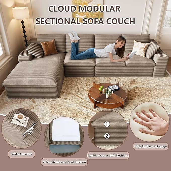 136 Inch Cloud Sectional Couch, Modern Modular Sectional Sofa with Deep Seat, Corduroy Boneless Couches with L-Shape Chaise for Living Room Bedroom, No Assembly Required (Camel, Left Facing Chaise)
