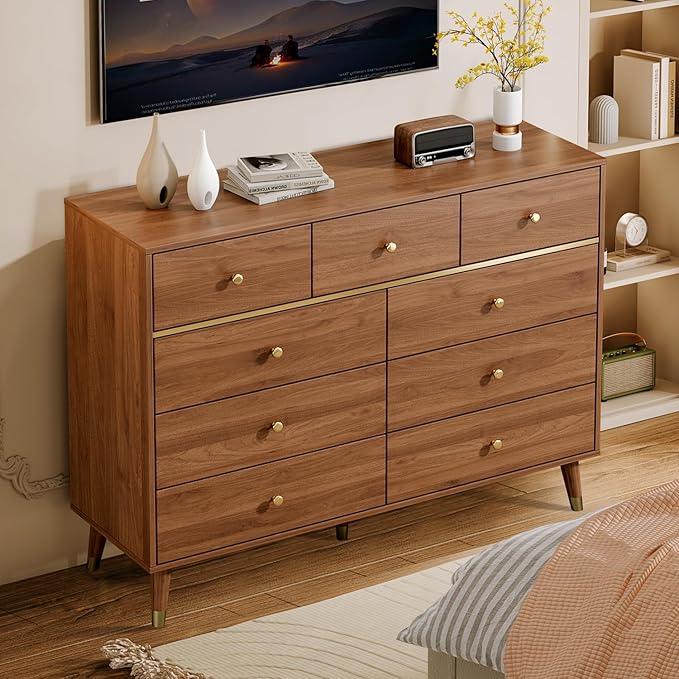 9 Drawers Dresser for Bedroom,35.4" Tall Wood Rustic Modern Chest of Drawers with Natural Texture,with Anti-Tipping Device, Storage Dressers Organizer for Bedroom, Living Room,Chestnut