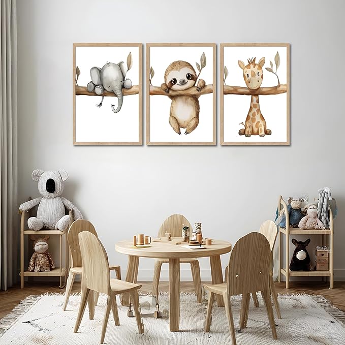 3Pcs Nursery Animal Wall Art Safari Nursery Canvas Poster Prints Jungle Kids Painting Cute Animal Elephant Sloth Giraffe Artwork Picture Wall Decor for Boys Room Girls Room 16x24in Unframed