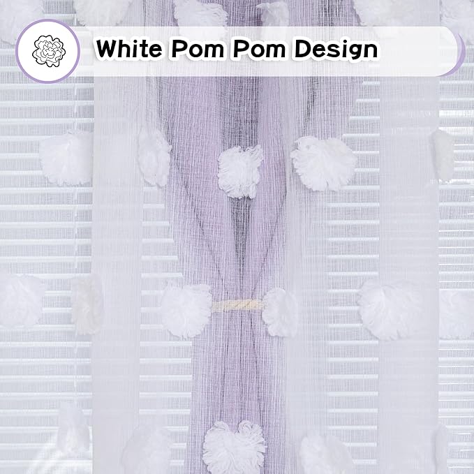 MYSKY HOME Lilac Curtains for Bedroom 72 Inches Long Nursery Curtains Pom Pom White Sheer Curtains for Girls Room Double Layer for Toddler Bedroom Grommet Room Darkening Window Panels 52" x 72"