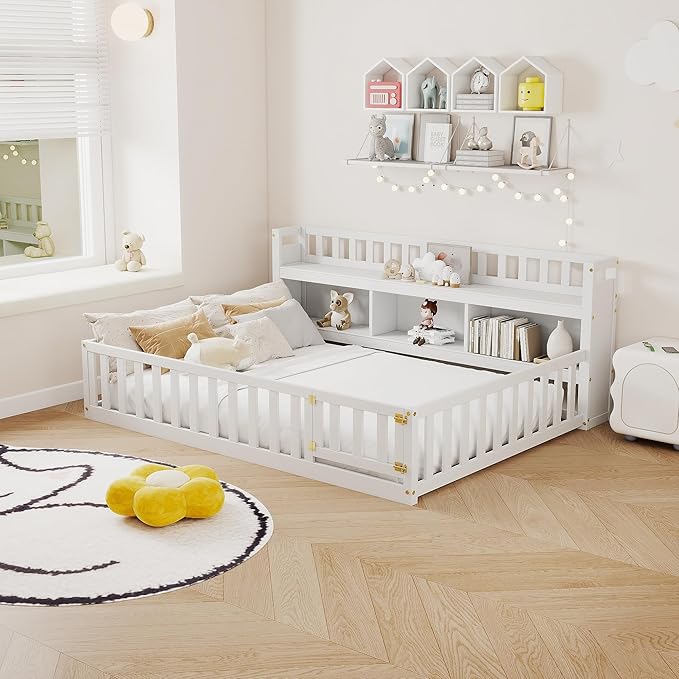 mikibama Twin Size Floor Bed with Side Bookcase and Shelves, Montessori Floor Bed with Guardrails for Bedroom, Wood Full Floor Bed Frame with Storage for Girls, Boys, White