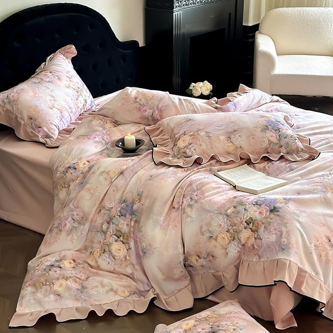 HighBuy Ruffle Floral Bedding Duvet Cover King,Durable Brushed Cotton Breathable Cottagecore Bedding Set for Women Girls,1 King 104"x90" Duvet Cover and 2 Ruffle Pillowcases