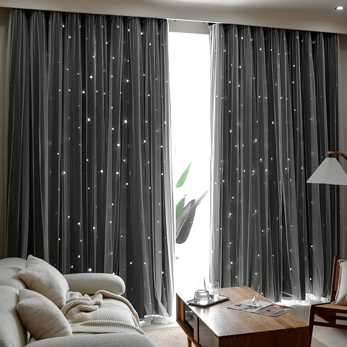 Kinryb Kids Blackout Curtains for Bedroom/Living Room/Classroom, Sheer Overlay 2 Free Tiebacks, Double Layer Curtains with Star Cutout for Kids Room(Each Piece W 70 x L 72 Inches 2 Pcs Black)