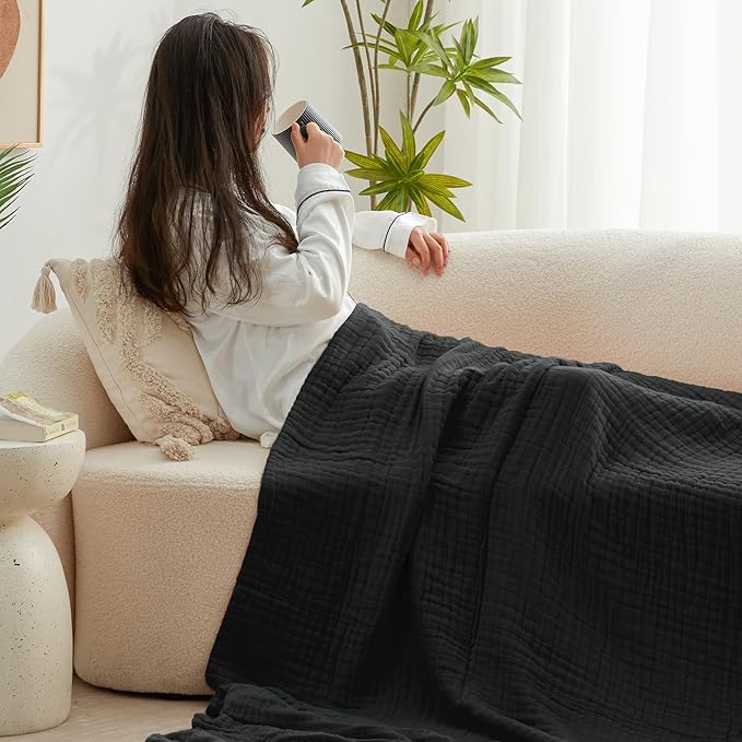 Love's cabin 6 Layer 100% Cotton Muslin Blanket, 108"x90" Muslin King Size Blanket for Bed Couch, Lightweight and Breathable Cotton Gauze for Adult, Black