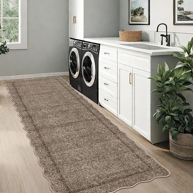 GarveeHome Scalloped Washable Runner Rug 2x8 Runner Modern Non Slip Kitchen Runner Distressed Low Pile Entryway Rug Soft Bathroom Rugs Stain Resistant Carpet for Bedroom Hallway Laundry 2'x8' Taupe