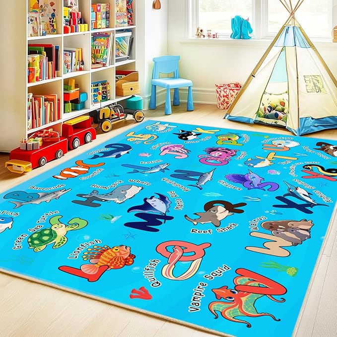 Kids Rugs for Playroom, 7x9 Feet Educational Rug for Learn The ABC Alphabet, Soft Machine Washable Non-Slip Cute Marine Organisms Carpet for Classroom Toddler Nursery Kids Room Decor, Blue