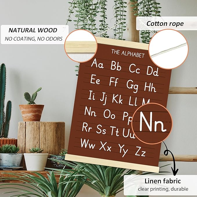 BONETAT Numbers alphabet poster for Nursery Toddlers,Correct Letter Formation on Line Paper, Play Room Wall Decor,ABC Wall Chart,Preschool Homeschool Decor Kids Wall Decor,Wooden Alphabet Banner-A09