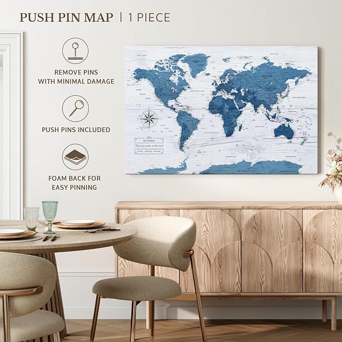 ElephantStock - My World Push Pin Map IV Wall Art - Horizontal Canvas Wall Art - Living Room Wall Decor - Unique Map Canvas Art - Blue And Decor - 48" x 32"
