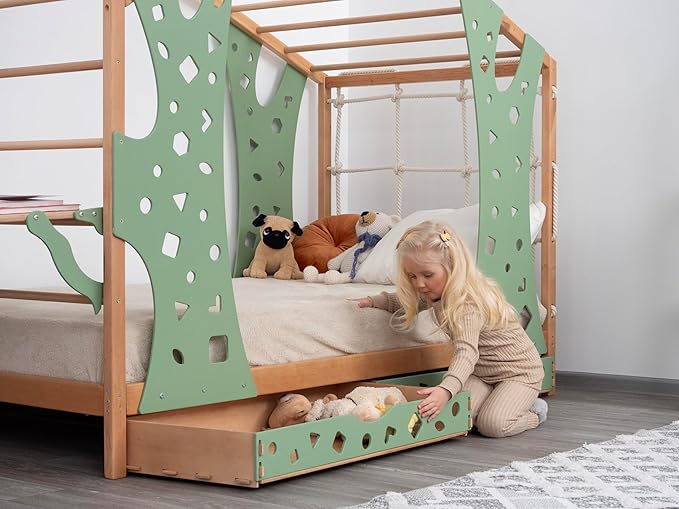 BUSY WOOD Monkey Bed – Twin Frame with Storage & Desk – Montessori Indoor Gym for Kids – Jungle Playground with Drawers & Foldable Table