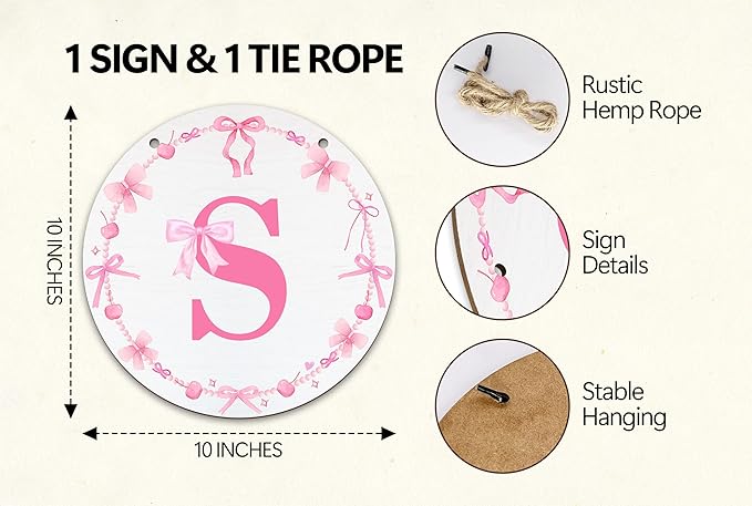 Monogram Round Sign For Front Door, Cherry Bow Theme Sign For Porch Art Wall Door, Initial Signs Hanging Ornament For Indoor Outdoor, Decorations Gifts For Four Seasons Rustic Home Kitchen, S, A19