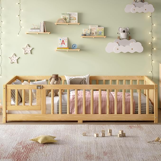 Bellemave Twin Size Floor Bed with Rails for Kids, Girls, Boys, Pine,Plywood Floor Bed with slats and Door, Natural