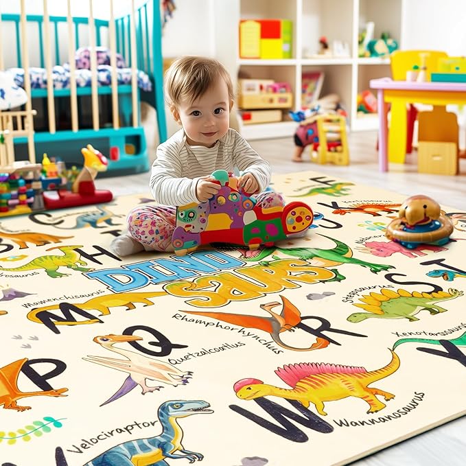 Kids Rugs for Playroom, 7x9 Feet Educational Rug for Learn The ABC Alphabet, Soft Machine Washable Non-Slip Cute Dinosaur Carpet for Classroom Toddler Nursery Kids Room Decor Mat, Beige