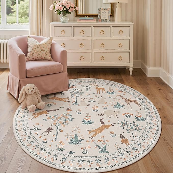 Round Rug 5FT Washable Circle Rug Non Slip, Floral Animal Print Low Pile Small Round Rug for Bedroom, Entryway,Dining Room,Playroom, Beige