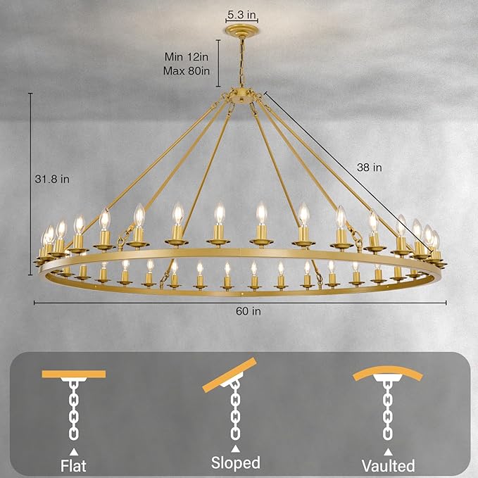 Wagon Wheel Chandelier, 36-Light Gold Large Round Modern Farmhouse Chandelier with Adjustable Height Island Light Fixture for High Ceiling Dining Room, Kitchen, Living Room, Entryways, Foyer