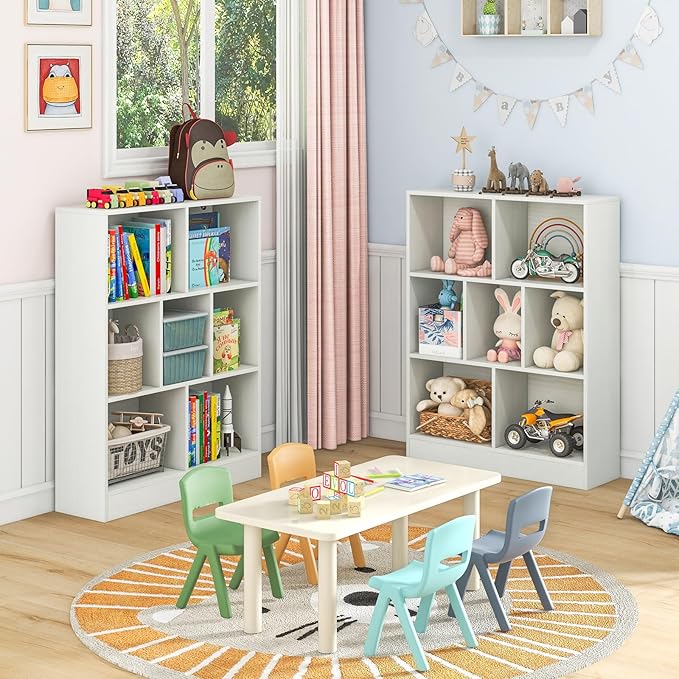 Costzon 7-Cube Bookshelf for Kids, Wooden Toy Storage Organizer w/ 2 Anti-Toppling Kits, 3 Tier Open Shelves & Non-Slip Foot Pads, Montessori Toy Shelf for Kids Rooms, Playroom, Classroom, Nursery