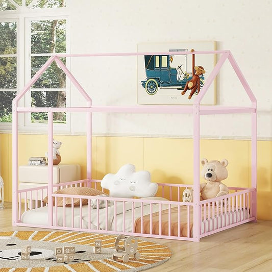 Bellemave Full Size Montessori Floor Bed, Metal House Bed Framefor Kids, Montessori Floor Beds with Fence, Playhouse for Kids, Pink
