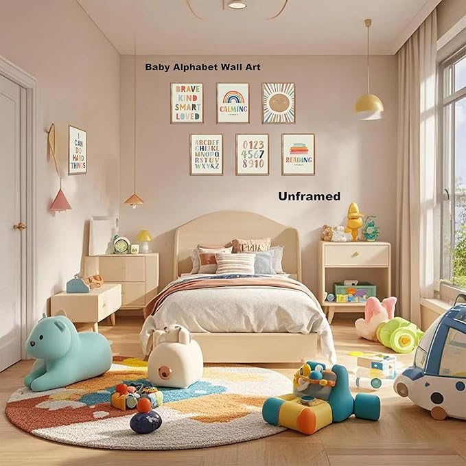Baby Alphabet Wall Art Set of 9, Boho Rainbow Canvas Posters Prints, Kids Playroom ABC Positive Affirmation Wall Decor Paintings for Kids Room Playroom Nursery Home Decor 8x10In Unframed