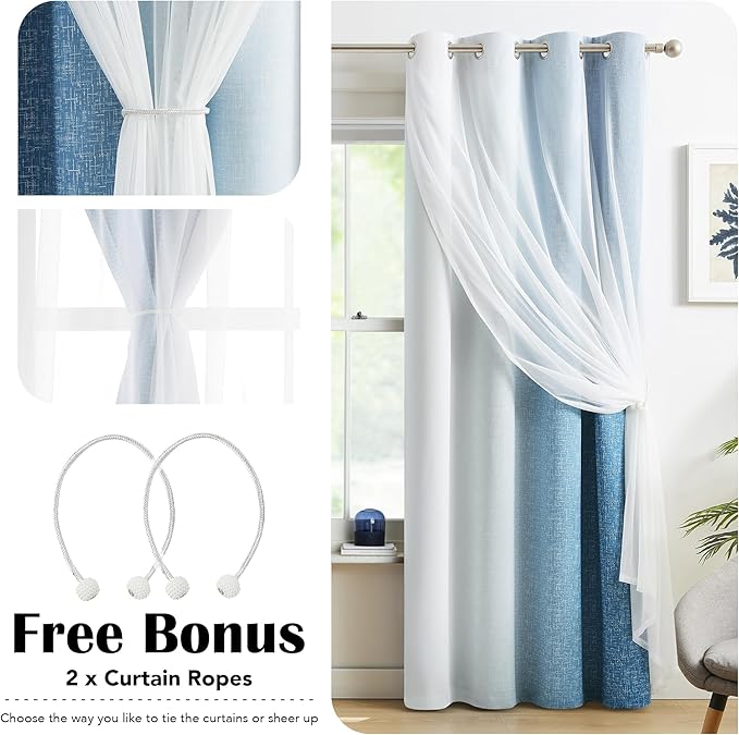 100% Blackout Curtains with Sheer Overlay Mix and Match Double Layer Drapes 84 Inch Long 2 Panels for Bedroom Living Room Blue White Ombre Grommet Window Treatment with Tiebacks