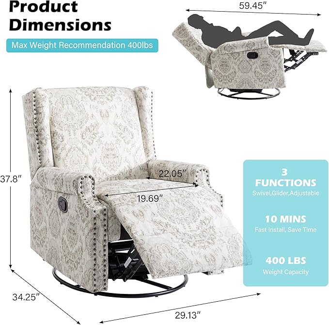 UIXE Swivel Glider Recliner Chair for Adults, High Back Nursery Rocker Living Room Upholstered Armchair in Fabric, Floral Manual Reclining Rivet Trim Single Sofa Reading Seat - Beige