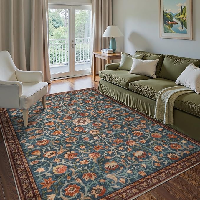 Anidaroel Floral Living Room Rugs 5x7, Washable Large Area Rugs for Bedroom Non Slip Soft Rug, Low Pile Stain-Resistant Dining Room Mat Boho Carpet for Farmhouse Home Office Dorm, Blue&Red