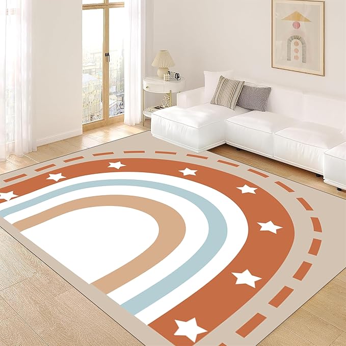 Machine Washable Rainbow Rugs Bedroom Fluffy Plush Soft Area Rugs Star Rainbow Patterns Living Room Non-Slip Indoor Flooring Kids Girls Boys Home Decor Aesthetics 2x4ft
