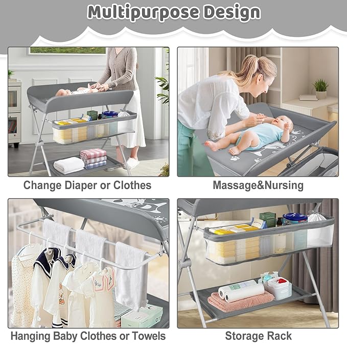 Baby Changing Table, Portable Folding Diaper Changing Station with Wheels, Adjustable Height Nursery Organizer with Safety Belt & Storage Basket & Hanging Rack for Newborn Baby and Infant (Gray)
