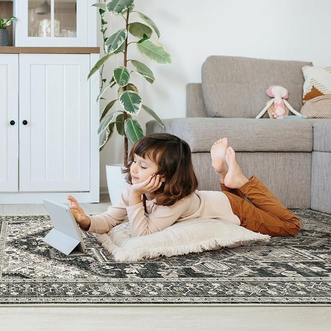 WITSHOCK Living Room Area Rugs 3x5: Washable Rug Boho Soft Non-Slip Low Pile Stain Resistant Foldable Carpet for Bedroom Playroom Dining Room Office Kitchen Farmhouse Home Decor Rug-Bitter Black