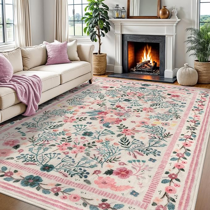 Rugs for Living Room 8x10, Pink Boho Thin Washable Non-Slip Area Rugs for Bedroom Girls, Soft Floral Low-Pile Nursery Carpet for Dining Room Kids Room Indoor Playroom, Pink/Multi