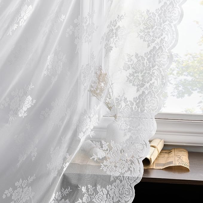 Kotile White Lace Curtains 80 Inches Long for Living Room, 2 Panels Rusitc Floral Pattened Vintage Sheer Lace Curtains for Bedroom, Rod Pocket Privacy Farmhouse Sheer Curtain, 52 x 80 Inch, White