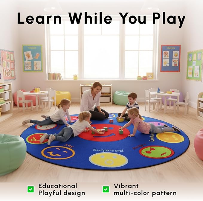 SAFECASTLE Kids Carpet My Feelings Rug 6'6" Round Educational Emotions Area Rug with Colorful Faces & Expressions–Learning Carpet for Kids, Toddlers, Preschool, Classroom, Nursery, Playroom & Daycare