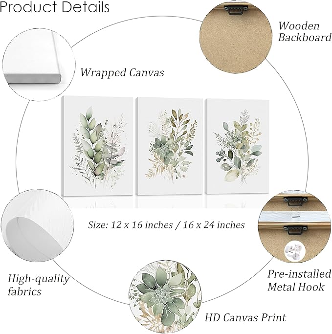 WRFON Watercolor Botanical Wall Art Set of 3 Boho Sage Green Wildflower Canvas Wall Art Prints Modern Floral Wall Decor for Bedroom Living Room Bathroom Decorations Framed 12x16 Inches