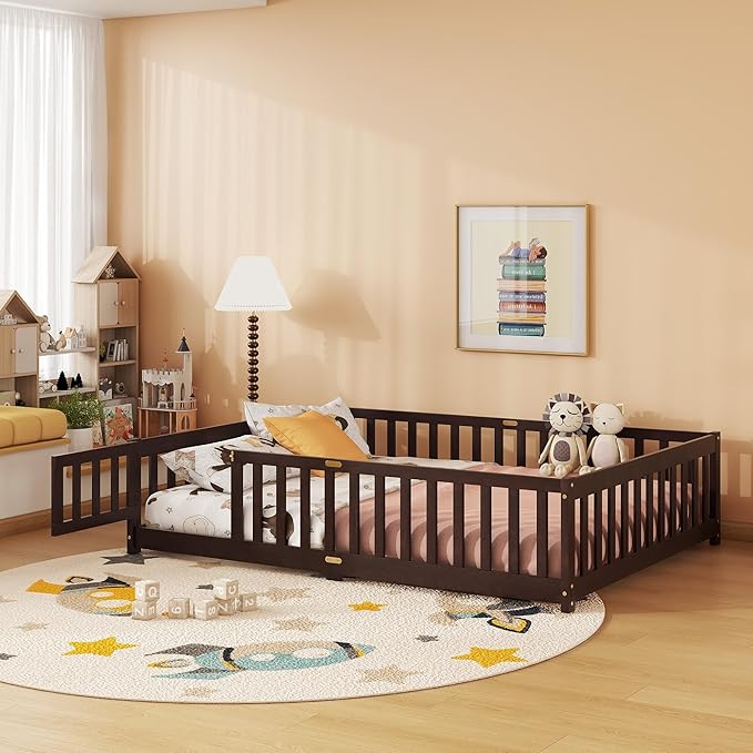 Full Size Floor Bed for Kids, Wood Montessori Floor Beds with Fence Railings, Door & Slats Support, Full Playhouse Bed Frame for Boys Girls, No Box Spring Needed, Espresso