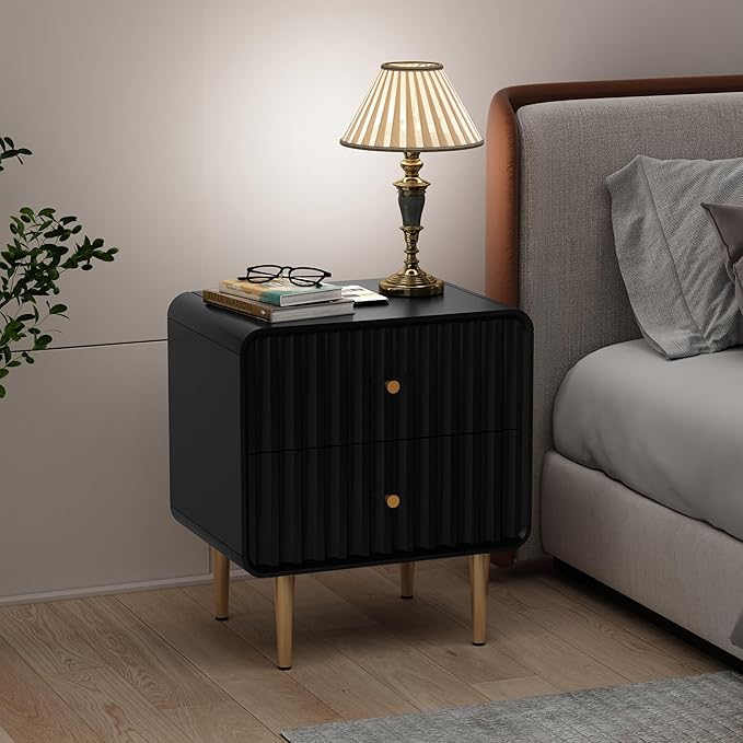 HLR Modern Nightstand Set of 2, Fluted Bed Side Table with 2 Drawers Storage, Wood End Table with Gold Metal Handle, Black Night Stands for Bedroom
