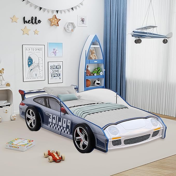 HMFULE Twin Bed Frames for Kids, Wood Hero Patrol Police Car -Shaped Bed Frame Platform with Wheels LED Lights & Slat Support for Toddler, Teens, Boys or Girls, No Box Spring Needed (Blue)