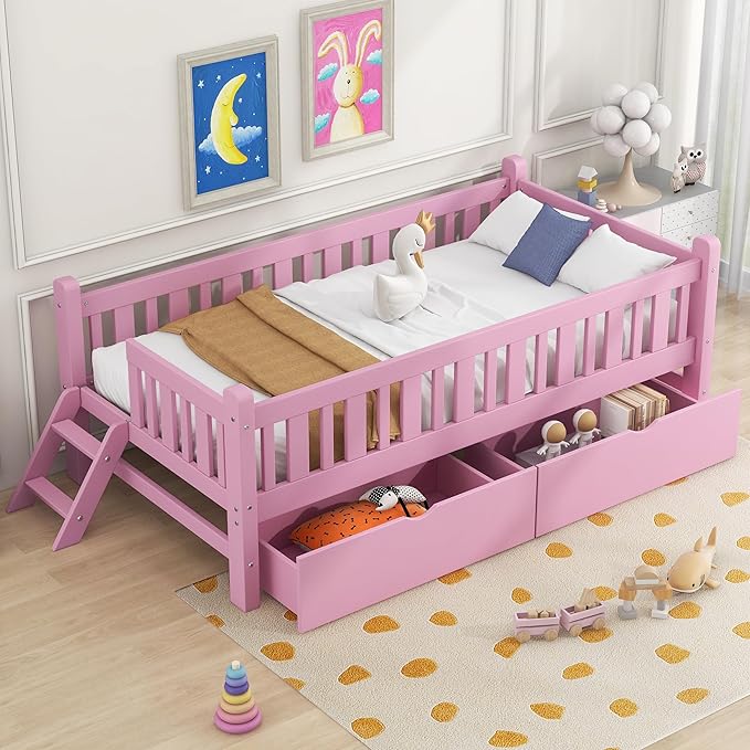 Wood Twin Size Platform Bed with Guardrail and 2 Drawers, Kids Bed with Ladder, Kids Montessori Style Bed Frame for Girls Boys (Pink)