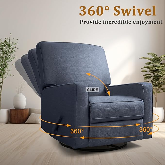 Swivel Rocker Recliner Chair for Adults, High Back Fabric Recliner with Deep Seat, Manual Glider for Living Room & Nursery, Blue