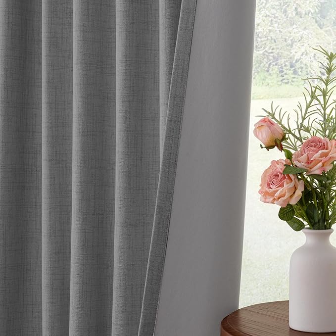INOVADAY 100% Blackout Curtains for Bedroom, Black Out Curtains 63 Inch Long, Clip Rings Linen Blackout Drapes, Thermal Insulated Room Darkening for Living Room, 2 Panels - DarkgreyW50xL63