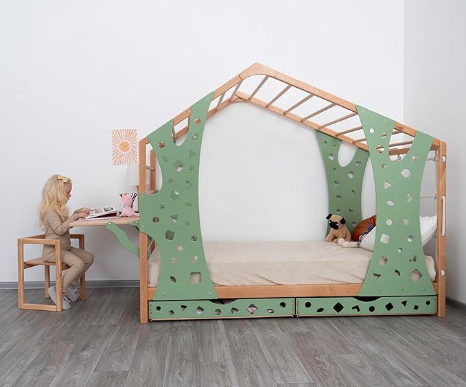 BUSY WOOD Monkey Bed – Twin Frame with Storage & Foldable Table – Montessori Indoor Playground – Jungle Gym Furniture for Kids – Toddler Sleeping Frame with Drawers