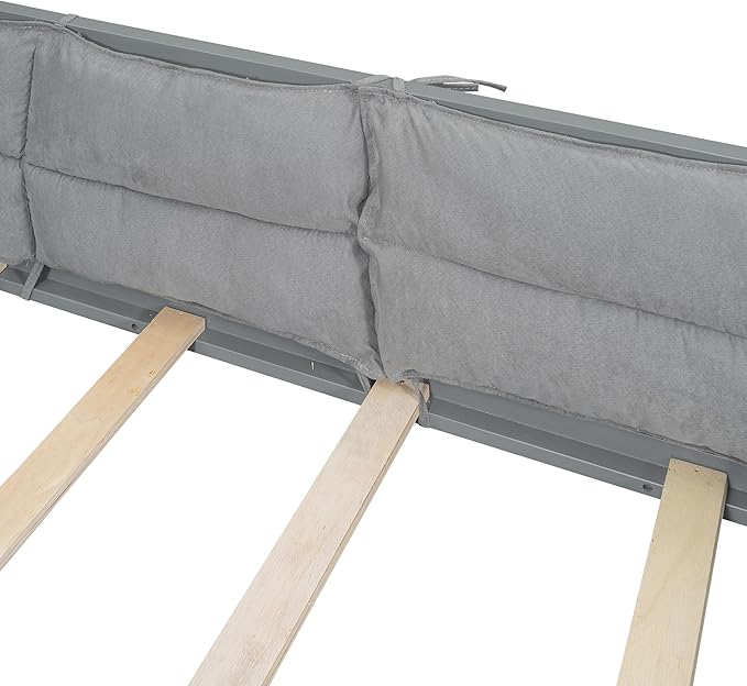 Full Size Upholstered Floor Bed with Guardrail, Montessori Platform Bed Frame for Kids and Toddlers, Wood Slat Support, No Box Spring Needed (Grey+ Solid Wood + MDF + Al)