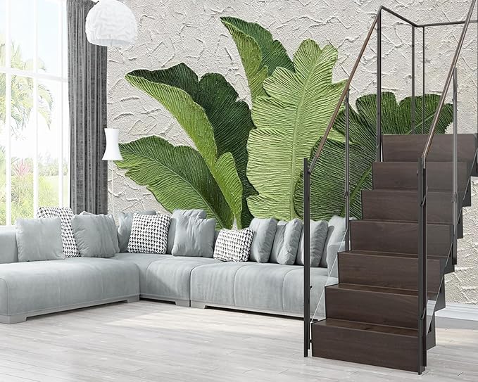 XMPMBM-Hand-Painted Banana Leaf Art Fabric Wallpaper Graffiti Green Leaf Living Room Bedroom Bathroom Wall Mural-W 154" X H 105"（112 Square Foot）